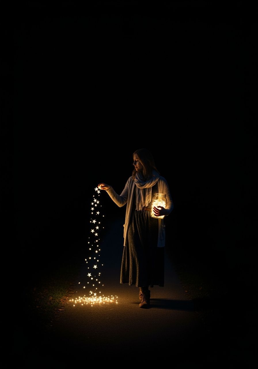 Woman Walks Star-Lit Path at Night
