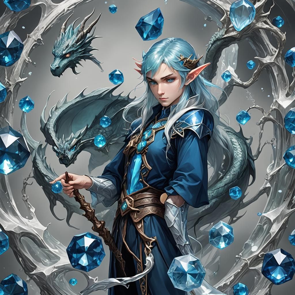 Blue Crystal Dragon and Elf Fantasy Art