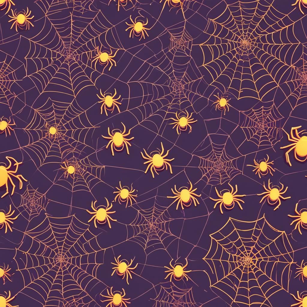 Cute Spiders in a Neon Synthwave Web Pattern