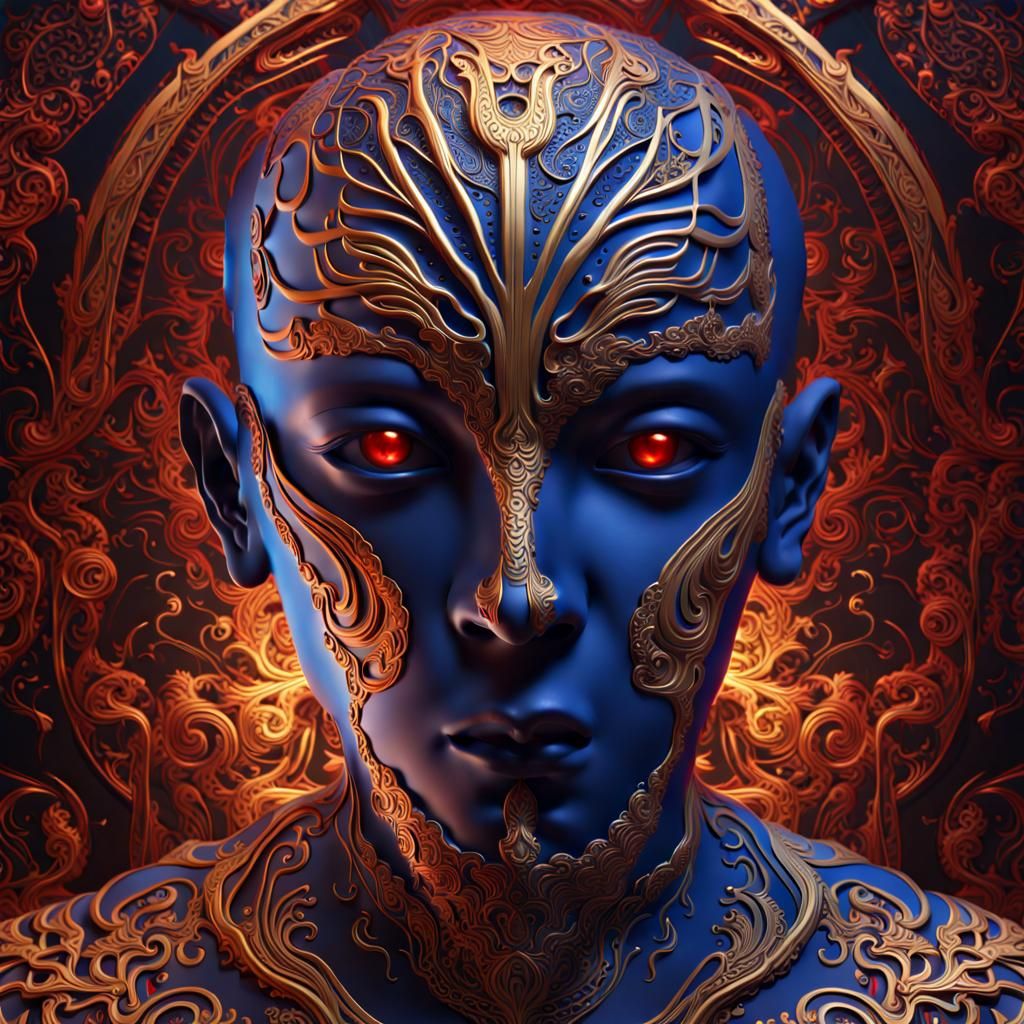 Detailed 3D Humanoid Figure in Blue, Red, and Gold