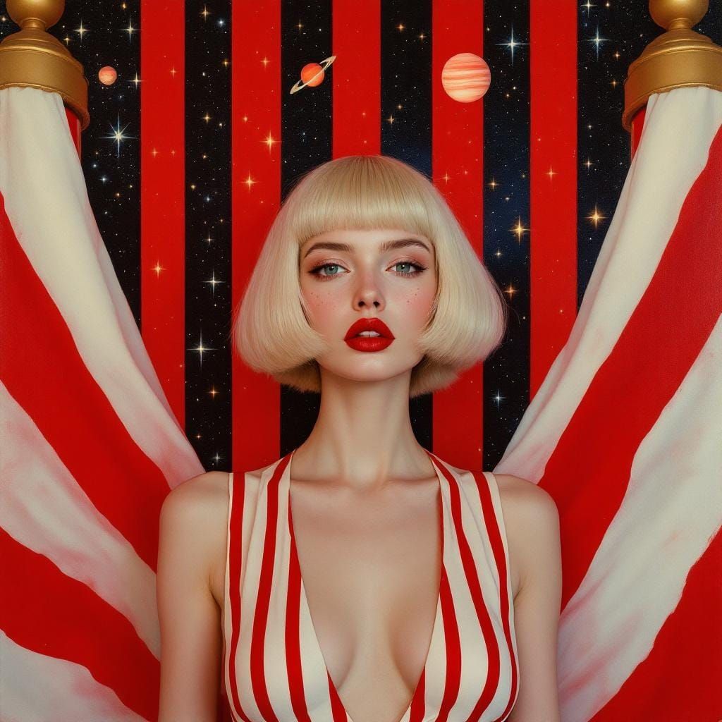 Classical Portrait of Woman with Striped Background