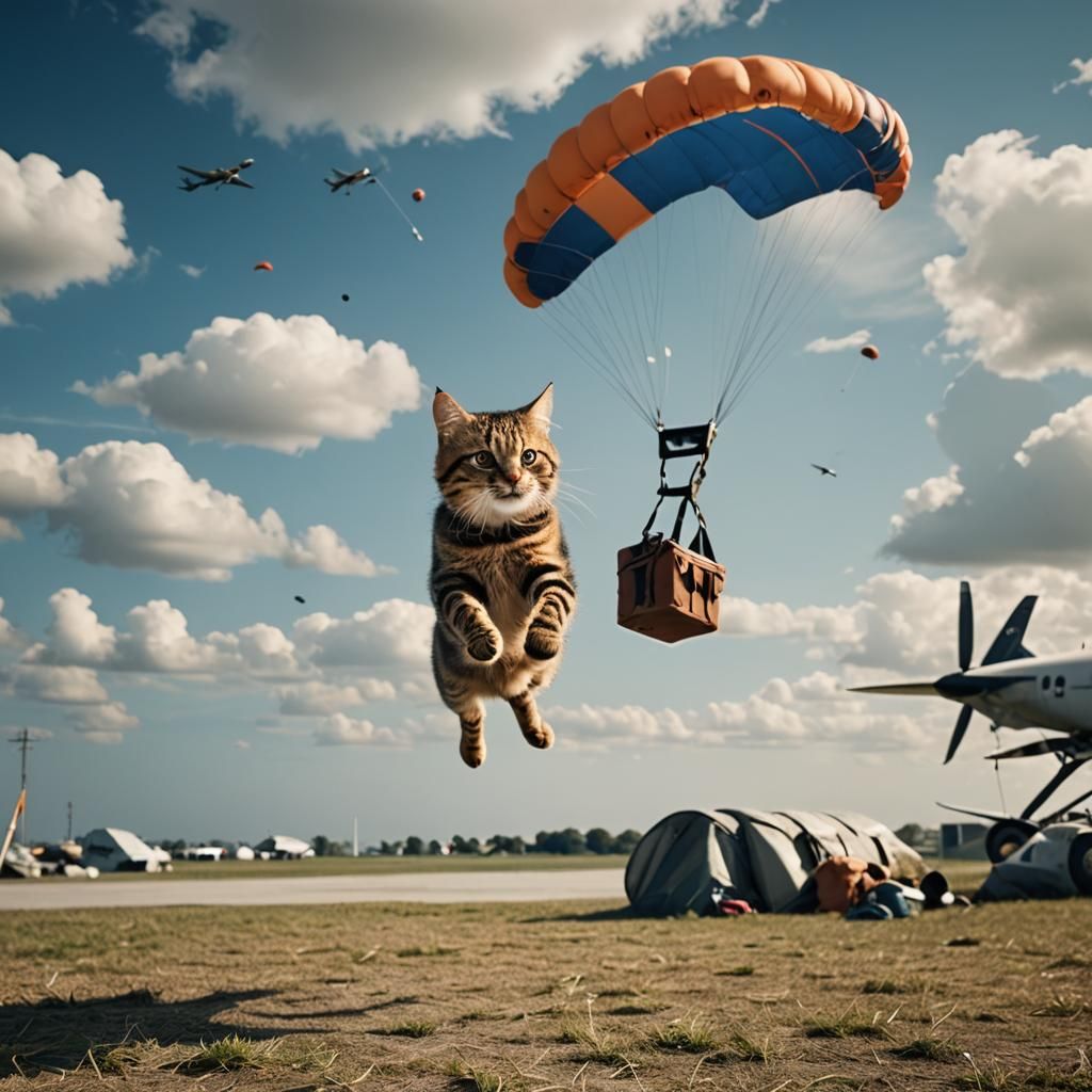 Cat Parachute Jump: Cinematic 8K Stock Photo