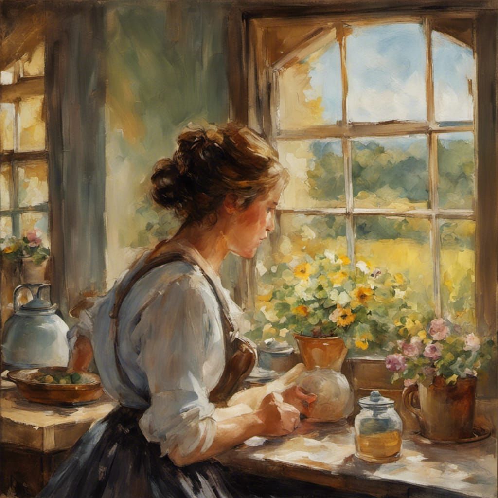 Steampunk Kitchen Impressionism: Woman, Wildflowers, Monet S...