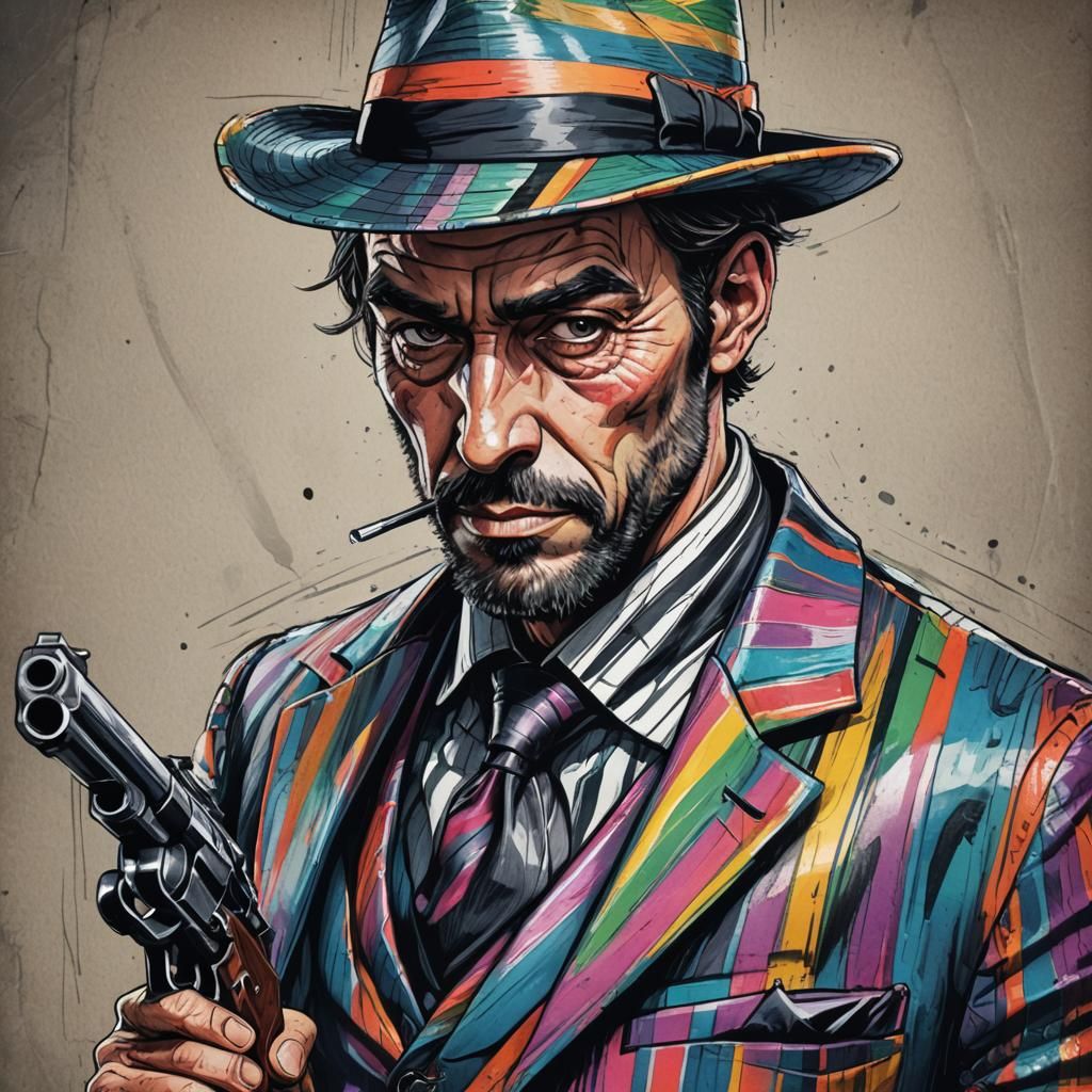 Cartoon Gunman Portrait in Vivid Pencil Sketch Style