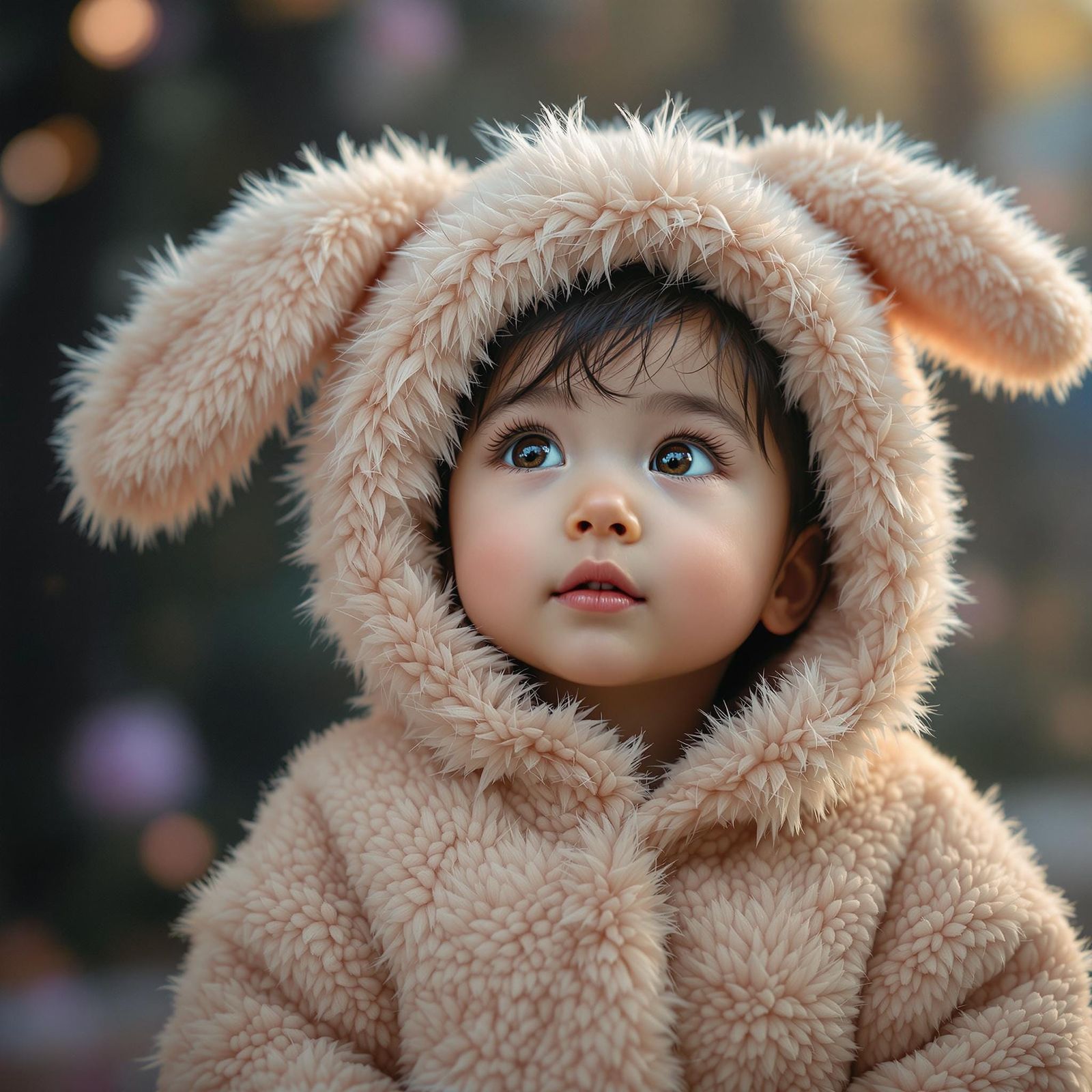 Sweet Korean Toddler in Plush Bunny Coat Against Epic Digita...