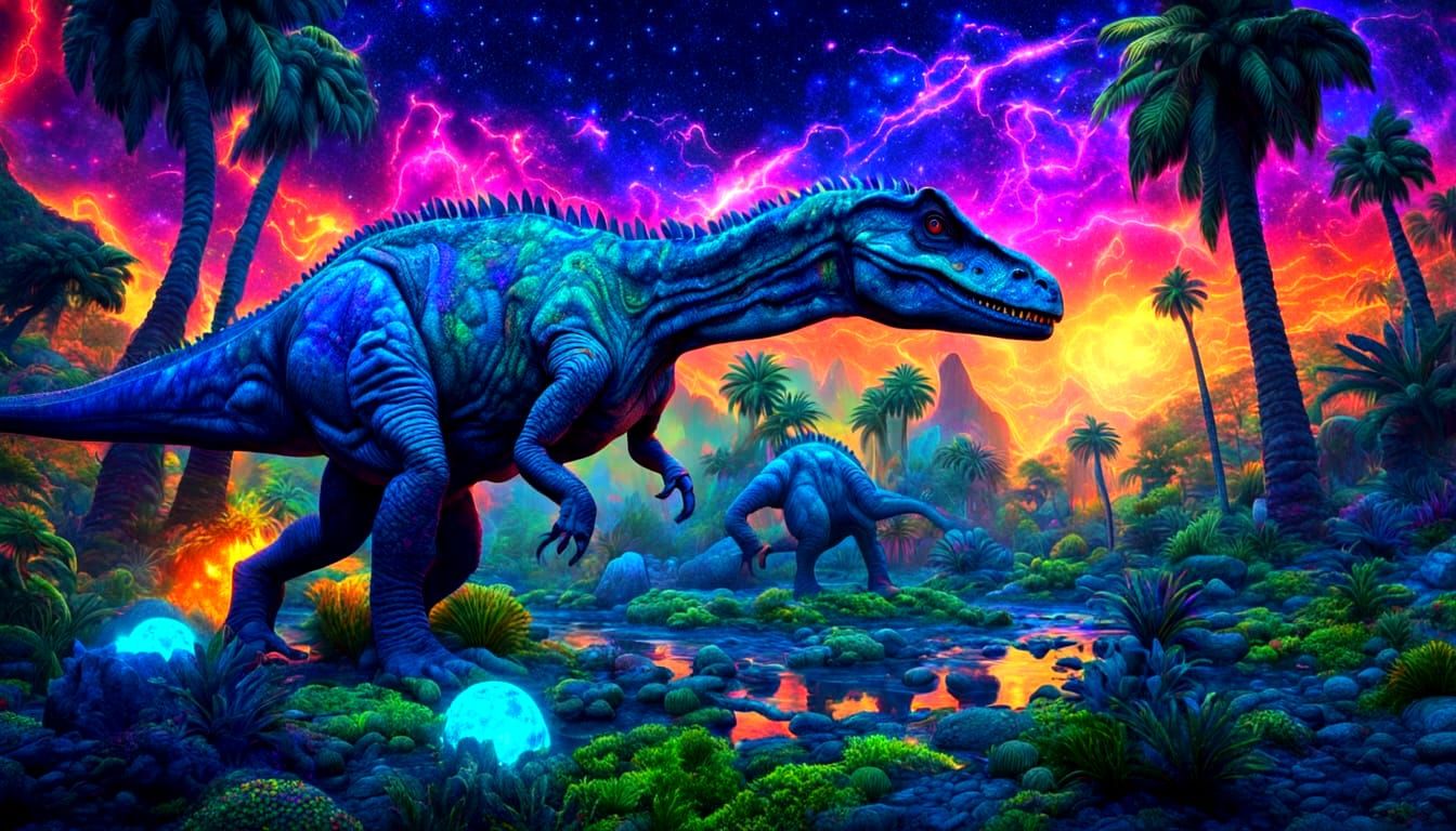 Psychedelic Jurassic Jungle with Glowing Dinosaurs