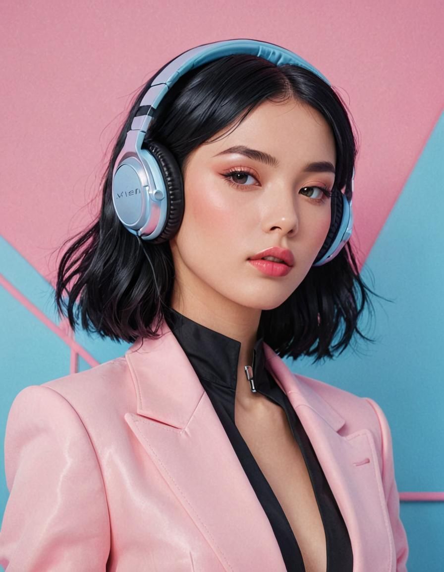 Anime Woman in Suit with Retro Synthwave Background