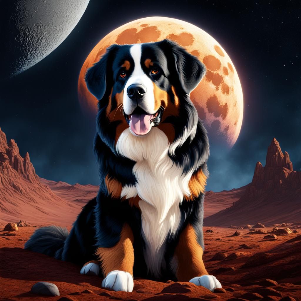 Bernese Mountain Dog on the Moon: Detailed Matte Painting