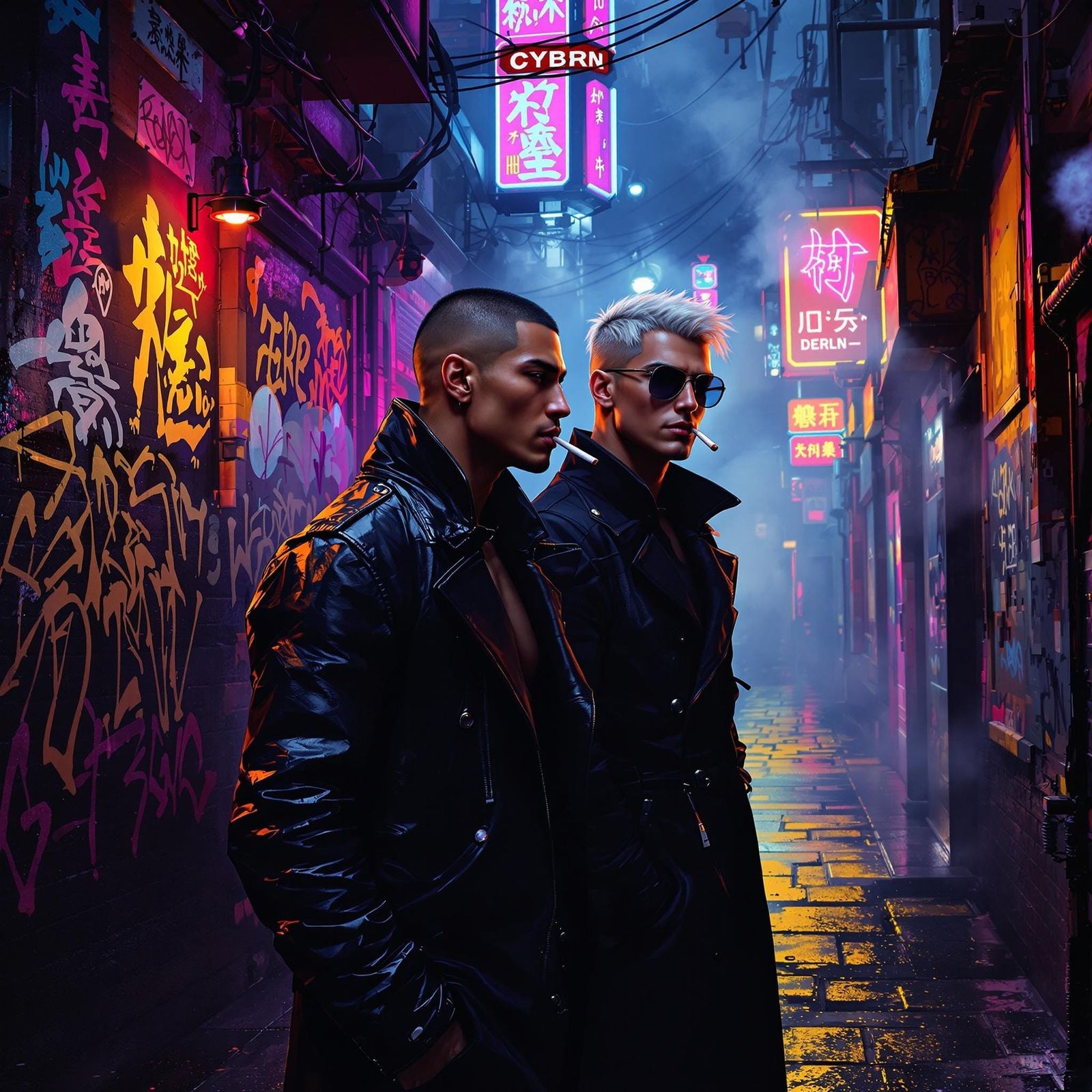 Cyberpunk Alleyway: Men Smoking in Neon Light