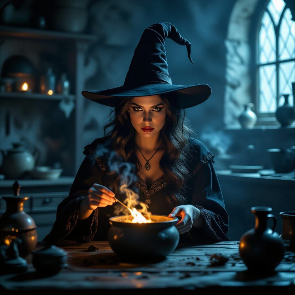 Evil Sorceress Brewing Potions with Captive Dragons