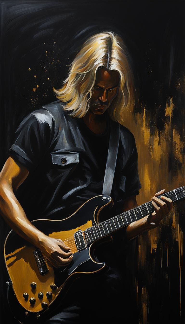 Abstract Guitarist Painting with Golden Highlights
