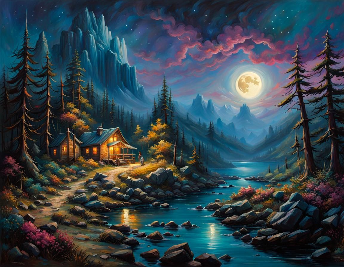 Moonlit Landscape in Oil with Cosmic Elements