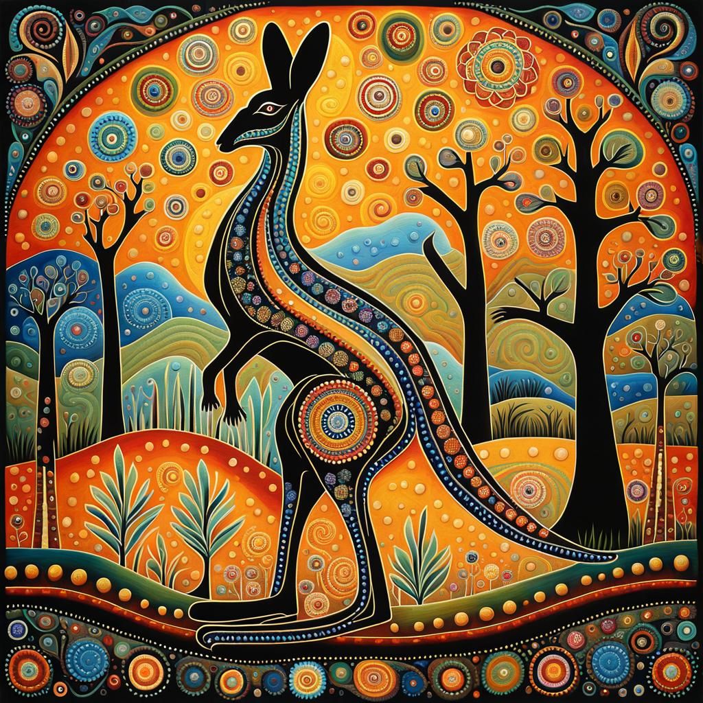 Folk Art Kangaroo in Aboriginal Dot Painting Style