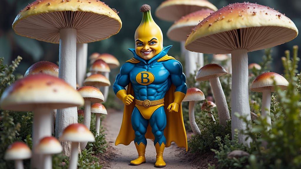 Sleek Banana Hero Emerges from Mushroom Garden