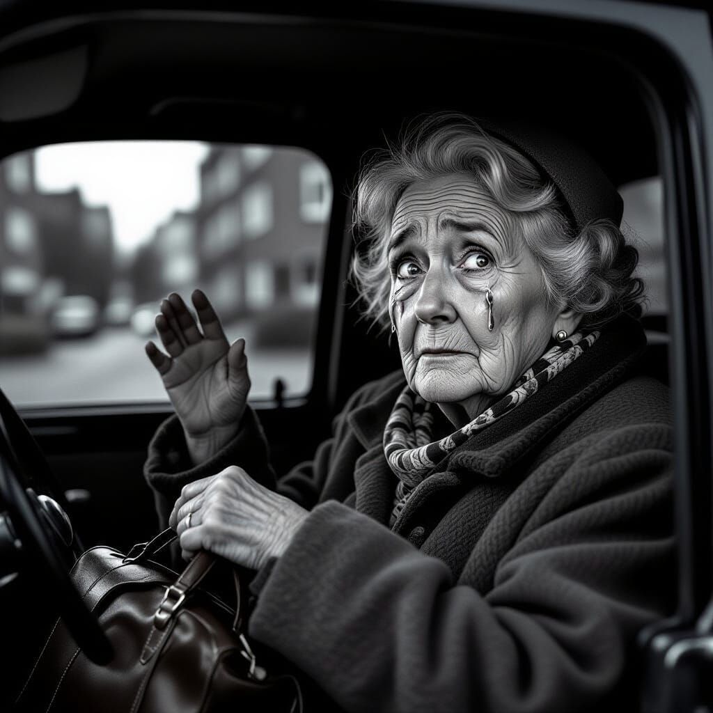 Elderly Woman's Tearful Goodbye: Evocative Black and White P...