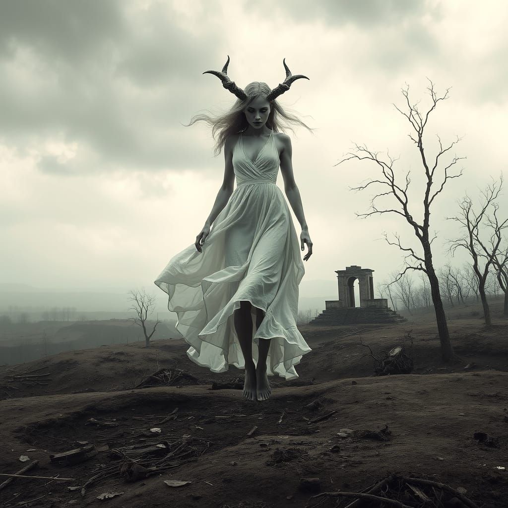 Ethereal Plague Demoness Drifting Over Wasteland