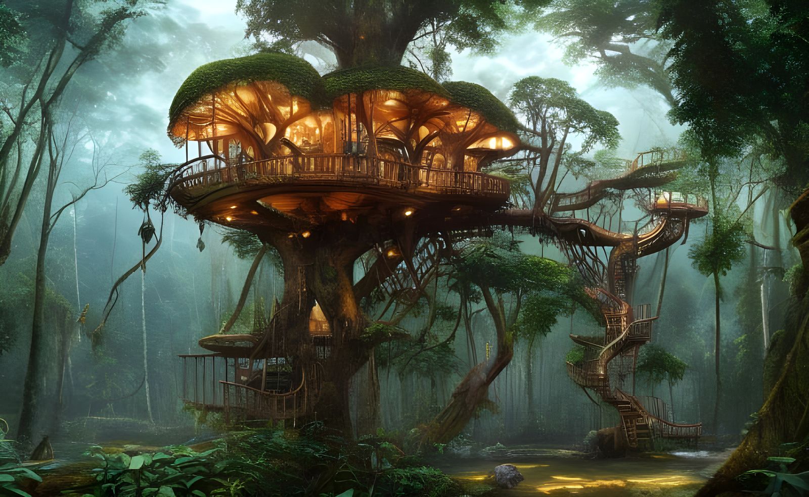 Detailed Treehouse in Amazon Rainforest: Digital Art