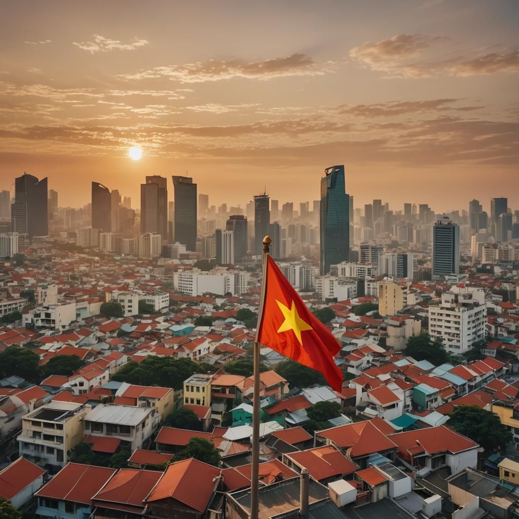 Vietnamese Flag Waving Under Cityscape at Sunrise