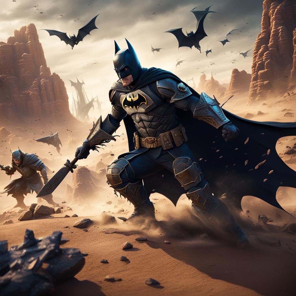 Batman Versus Vikings: Desert Battle in Matte Painting Style