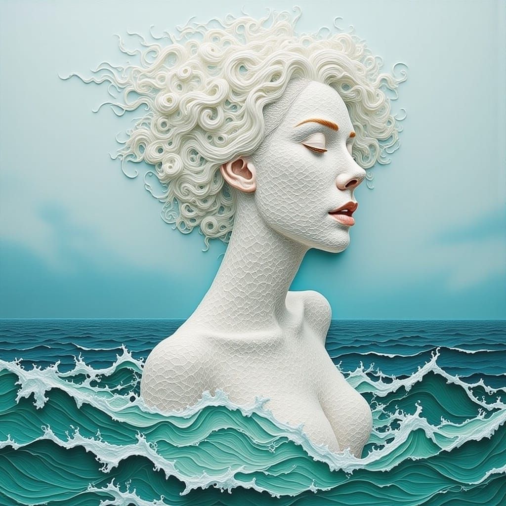 Ethereal String Art Woman Portrait on Seascape