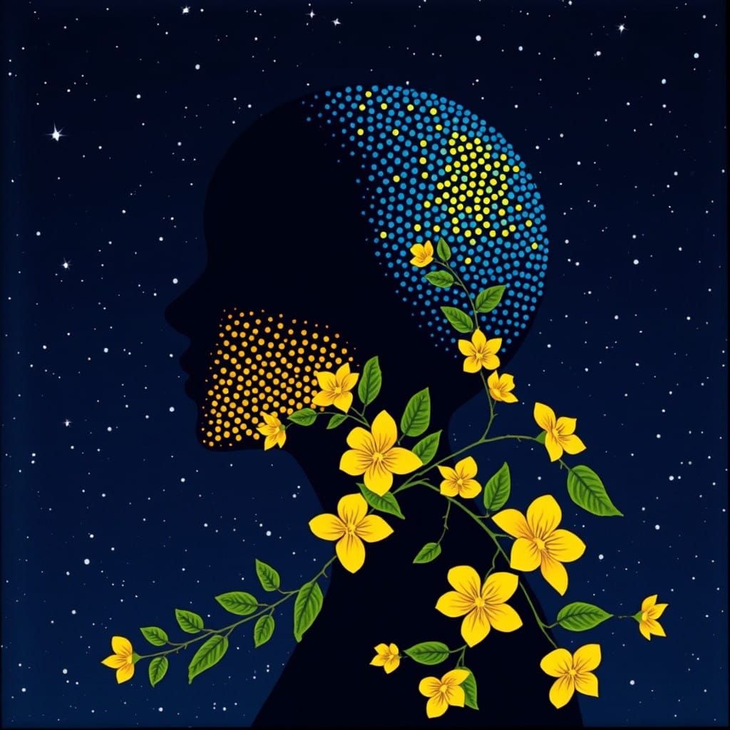 Pointillist Portrait in Deep Blue Night Sky with Swirling Vi...