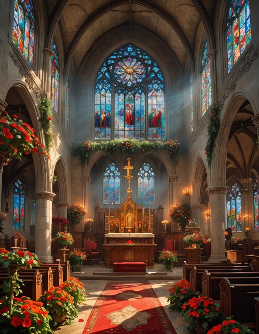 Ethereal Church Altar with Nasturtiums, in Oil Painting Styl...