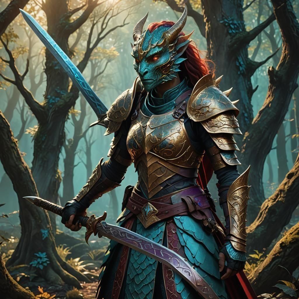 Surreal Dragonborn Warrior in a Mystical Forest