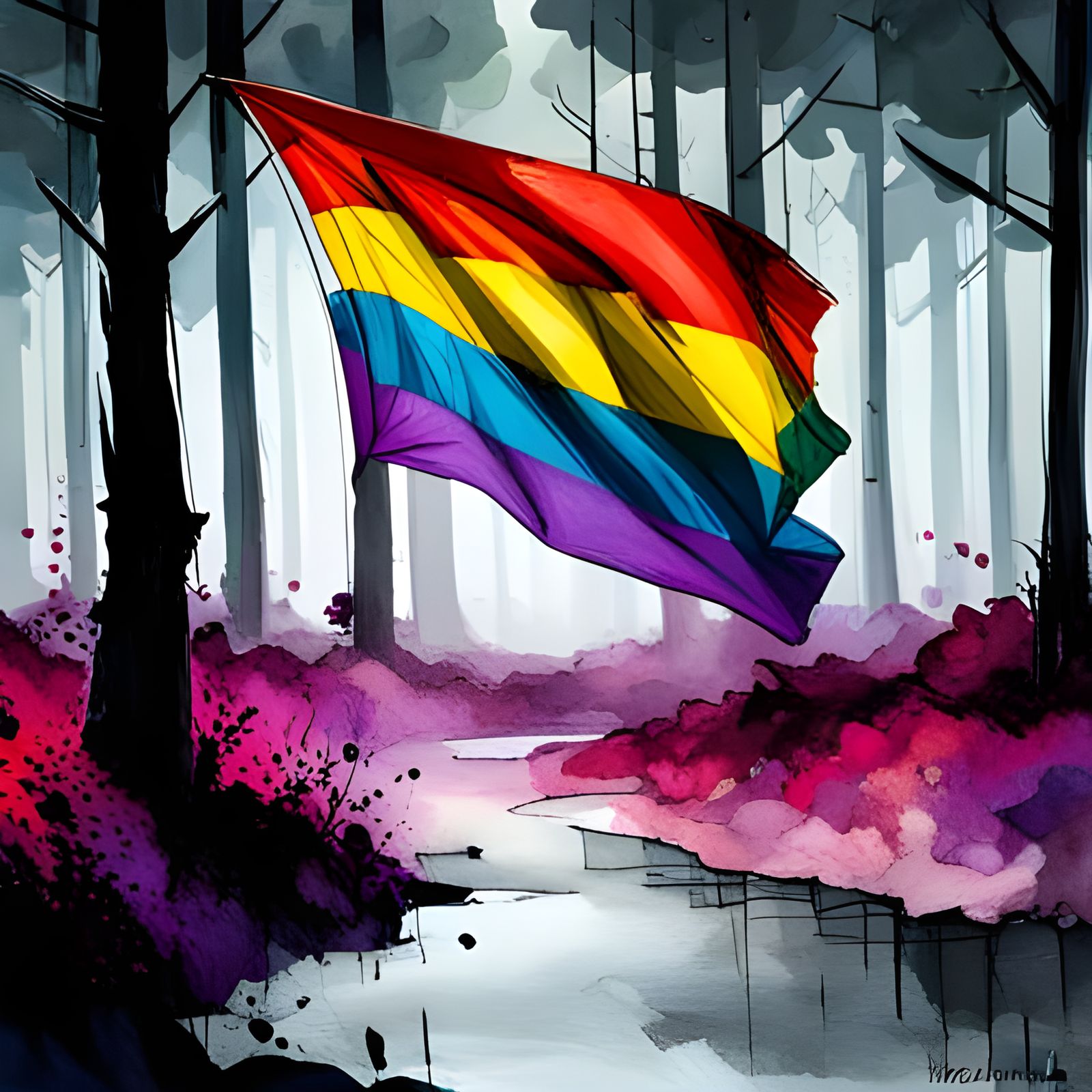 Pride Flag Fluttering in Dark Forest, Splash Art
