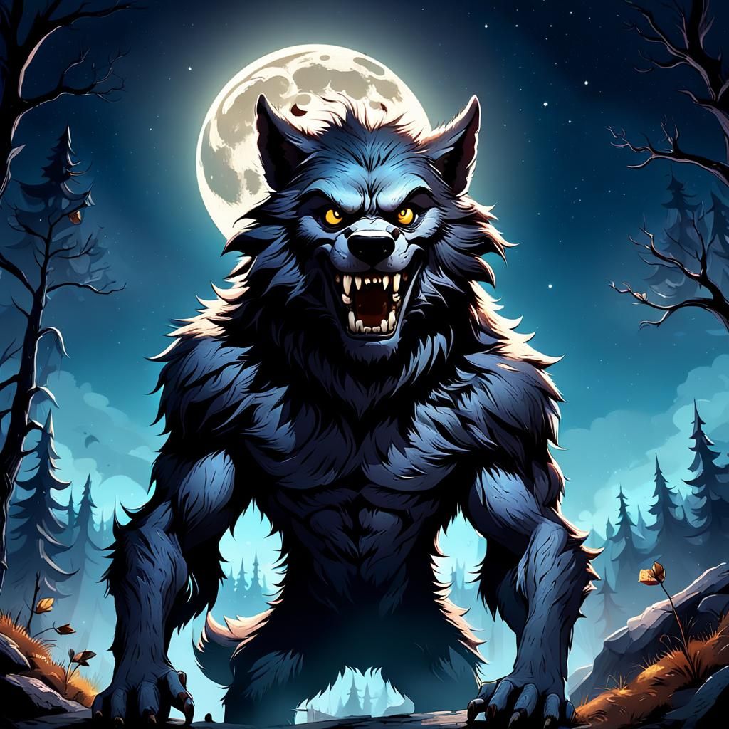 Friendly Werewolf Under Moon in Children's Book Style