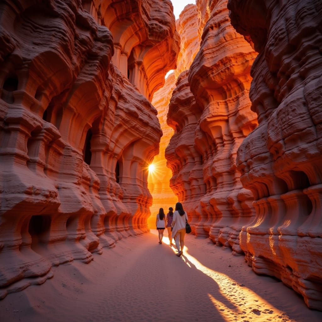 Photorealistic Petra City in Golden Volumetric Light