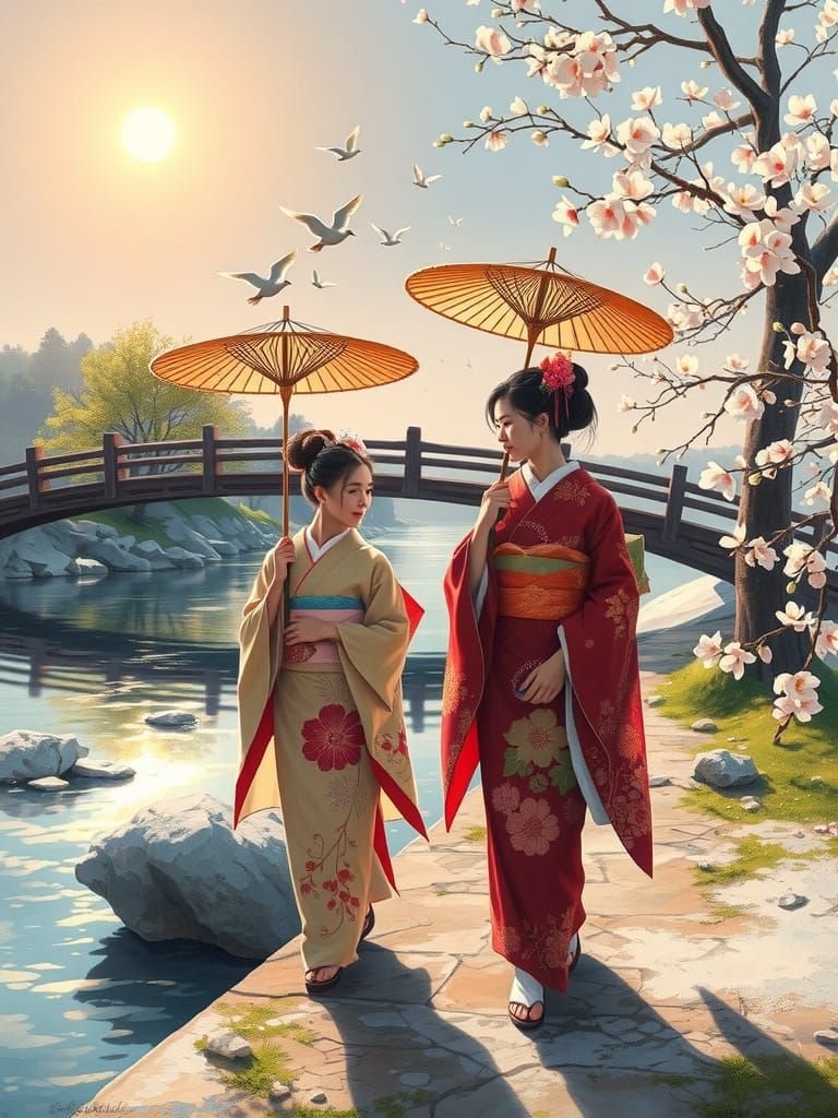Realistic Painting of Young Japanese Geishas Strolling by Ri...