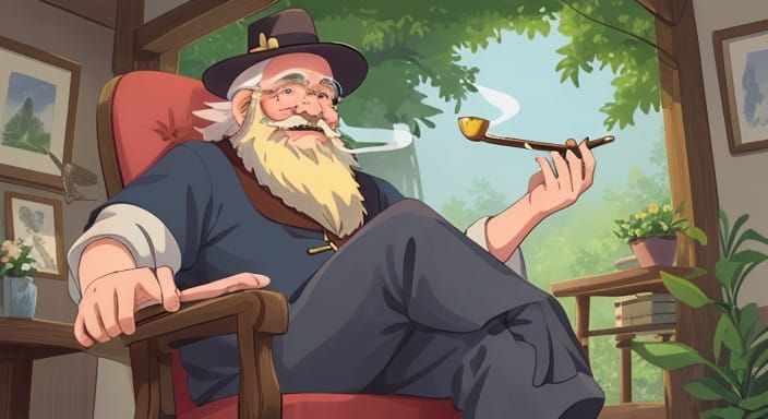 Jolly Old Gentleman in Traditional German Attire, Pipe in Ha...