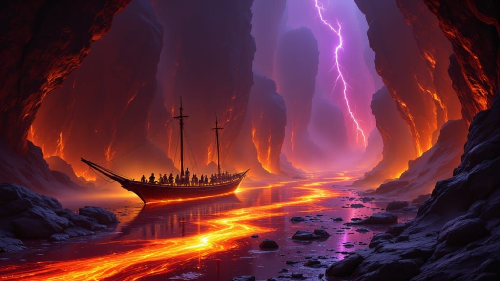 Explorers on Lava River in Crystalline Cavern