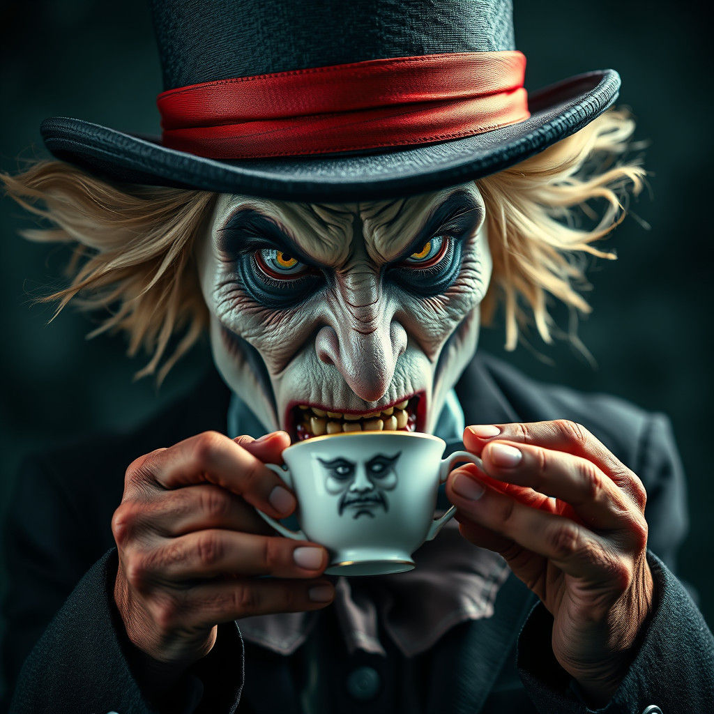Demonic Mad Hatter with Teacup, Hyperrealistic