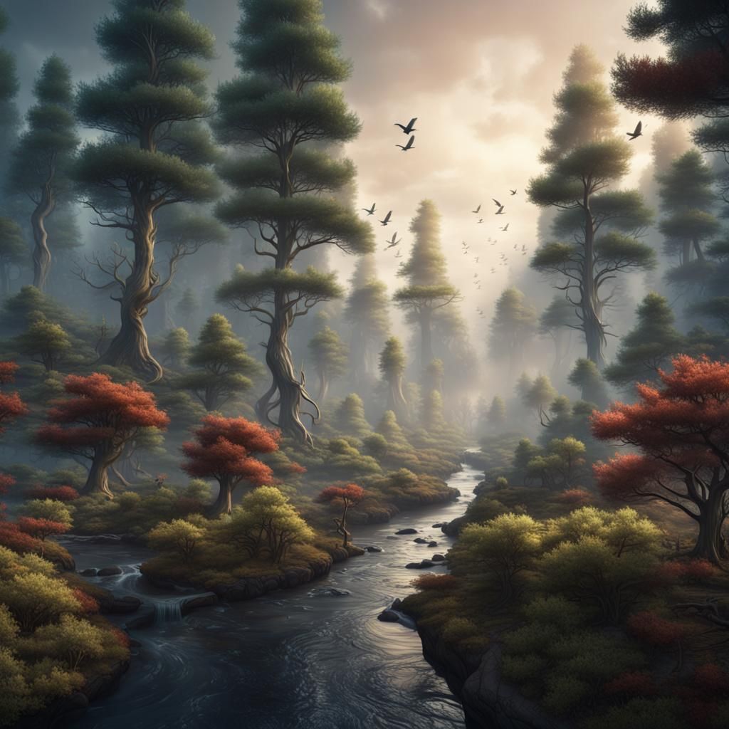 Fantasy Pine Forest with Stream: Detailed Matte Painting