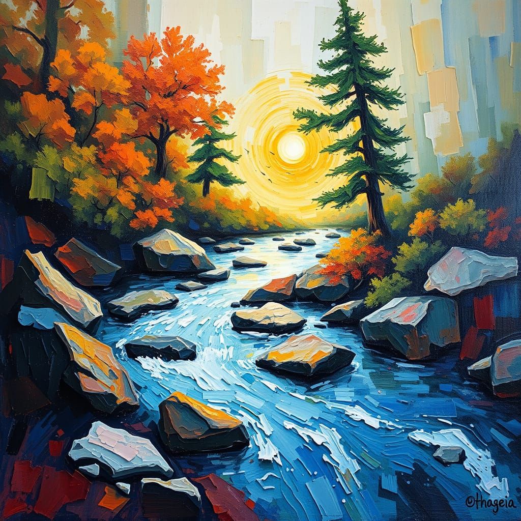 River of Life: Neo-Impressionist Oil Painting