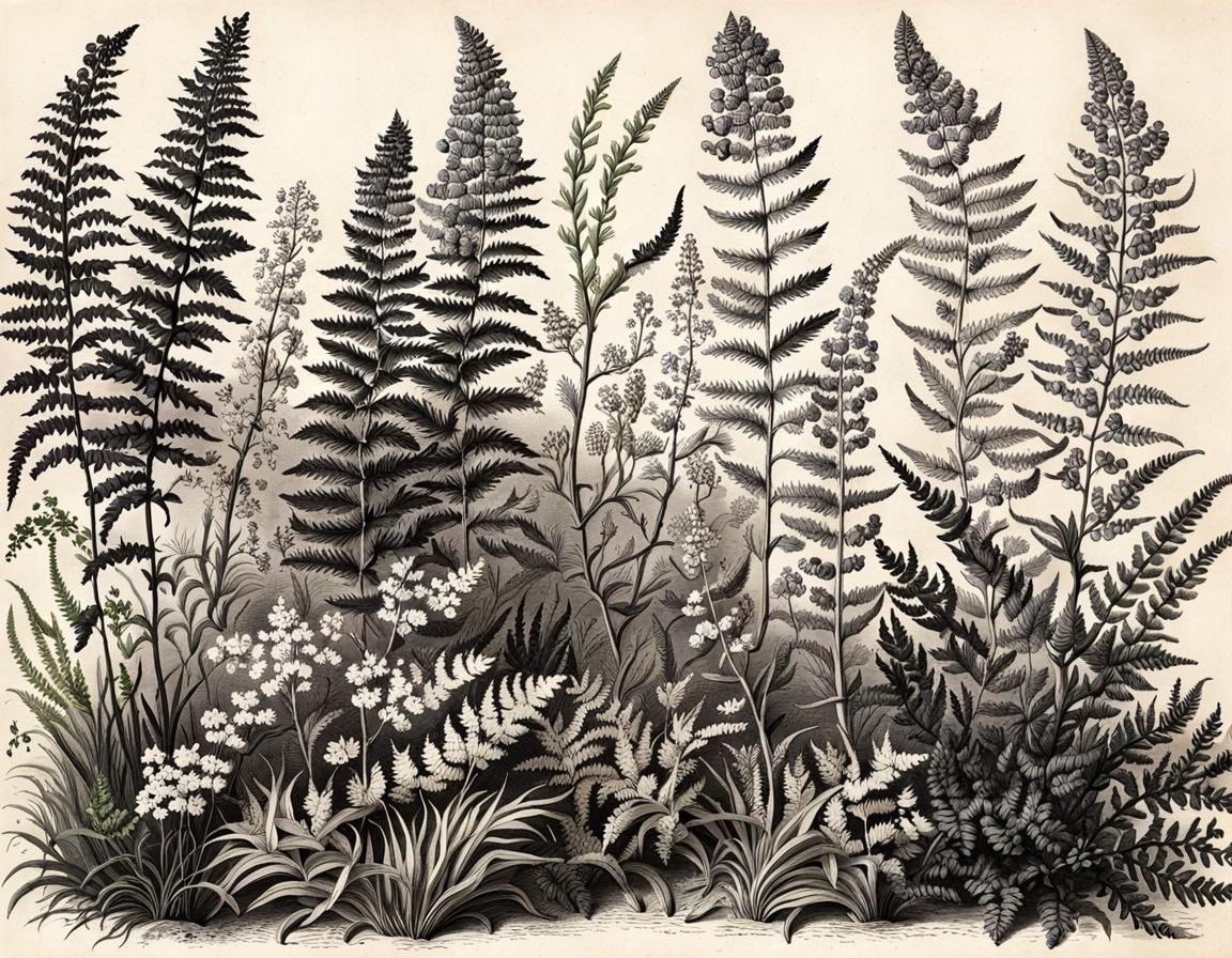 Detailed Botanical Ink Drawings of Heather and Ferns