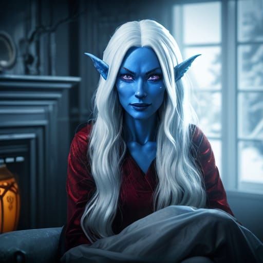 Porcelain Blue-Skinned Demoness in Golden Hour