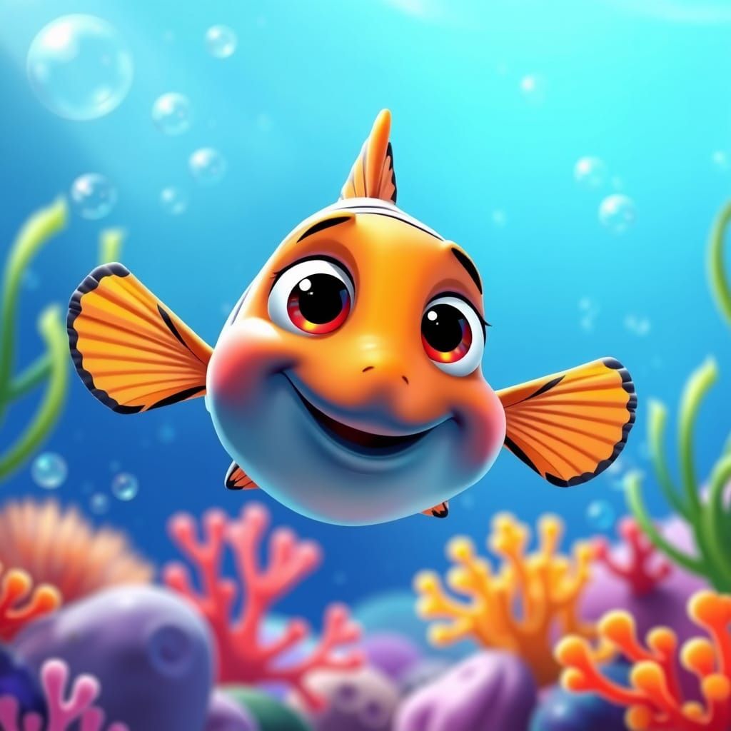 Cute Cartoon Clown Fish in Vibrant Underwater Scene