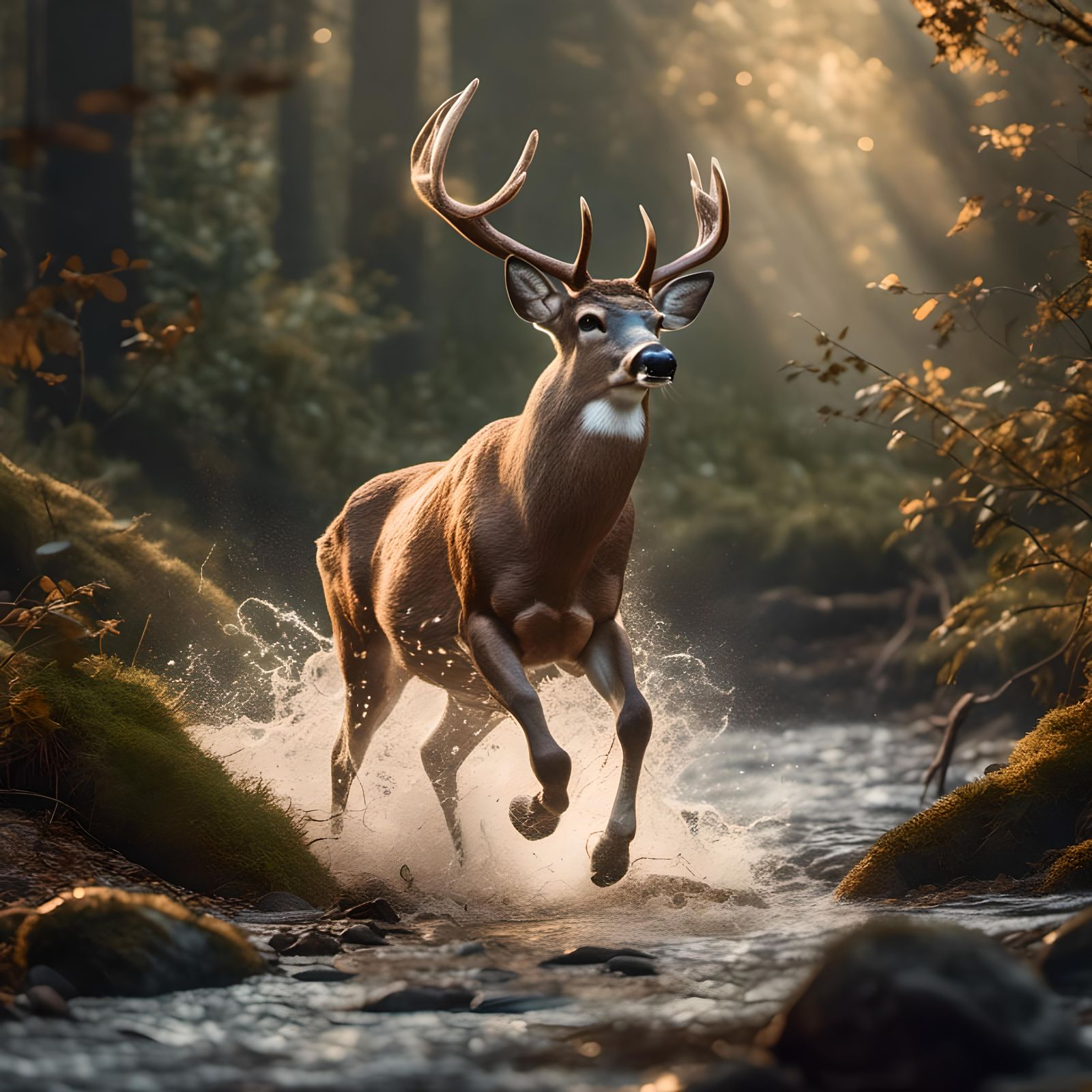 Whitetail Buck Leaping Over Brook