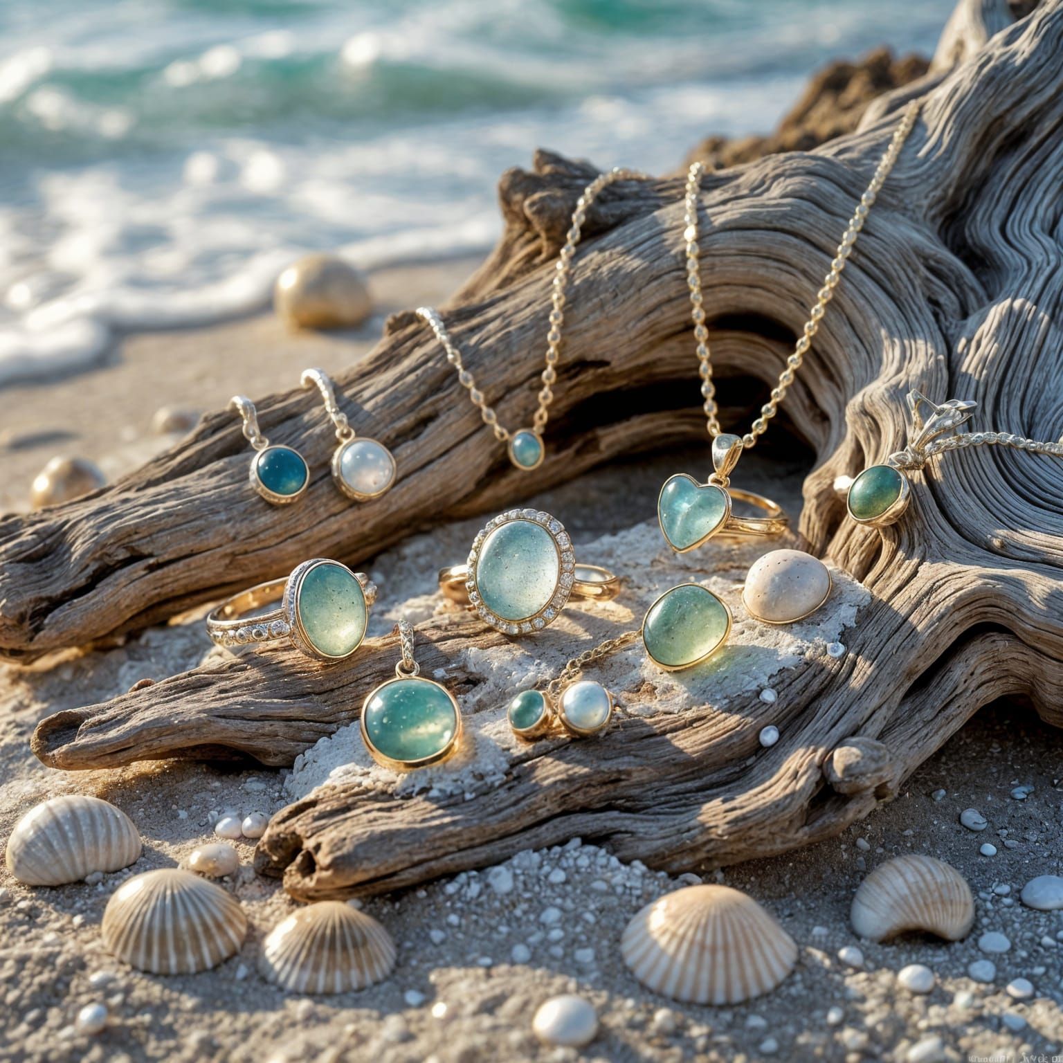 Modern Sea Glass Jewelry on Driftwood Display