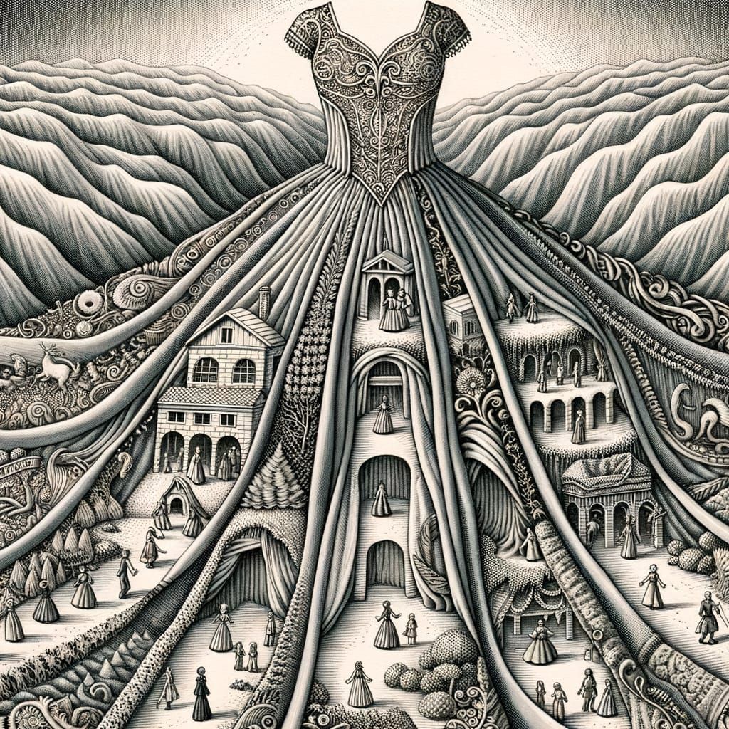 Mountainside Village Dress: Detailed Storybook Illustration