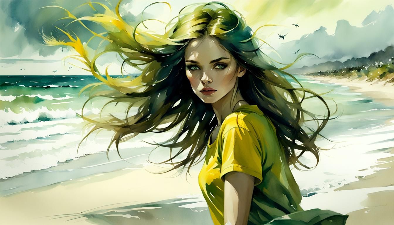Watercolor Girl Walking on Beach with Blowing Hair