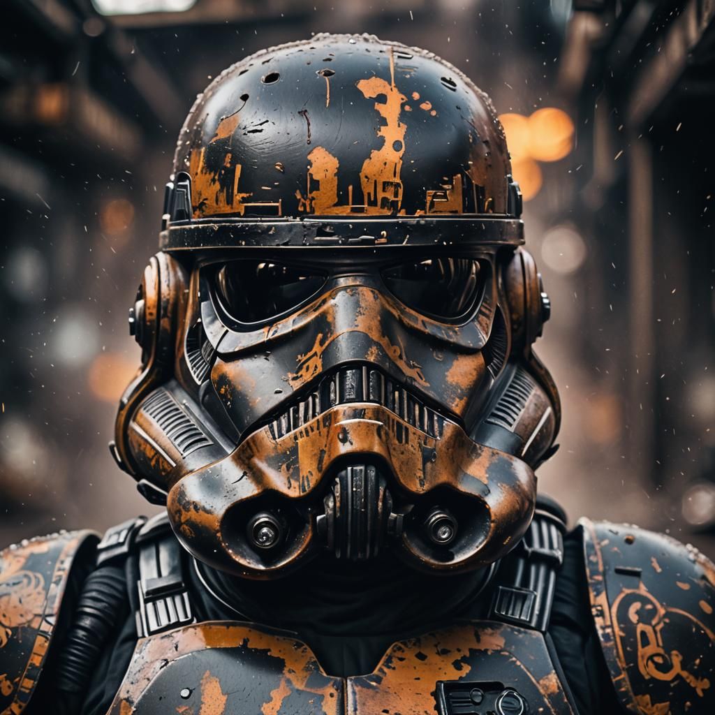 A striking extreme close-up portrait of a Star Wars Black Stormtrooper, featuring technologically advanced armor with a ...