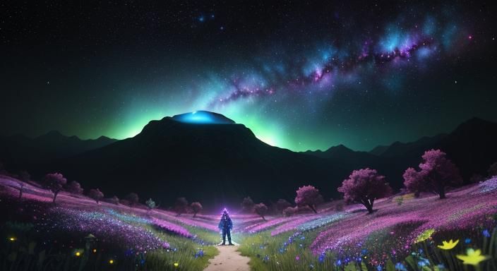 Dinosaur in Bioluminescent Wildflower Field Under Cosmic Sky