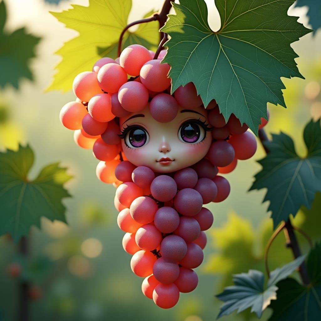 Humanoid Grape in Anime Style Amidst Grapevine