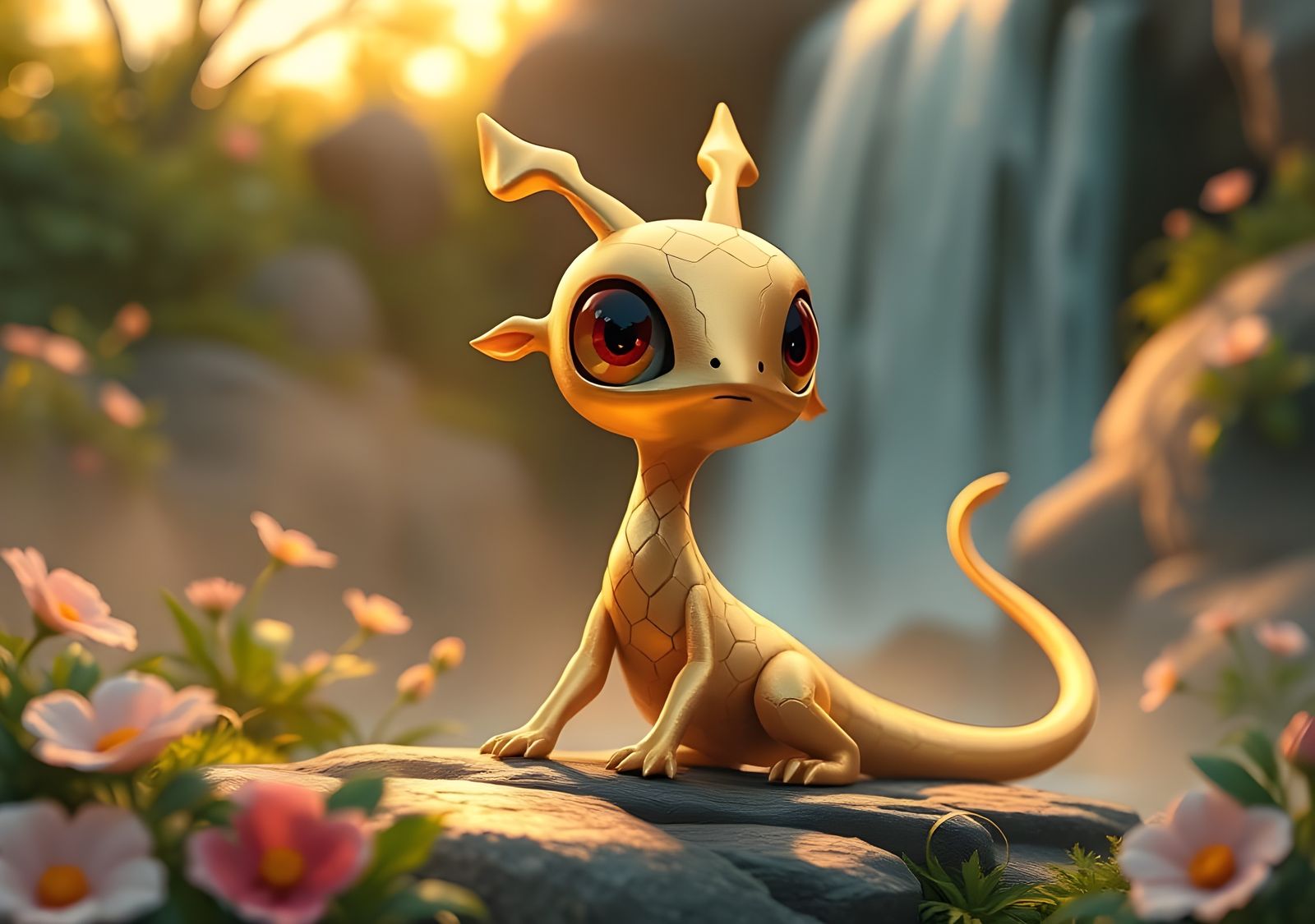 Cute Libra Scale Creature near Waterfall