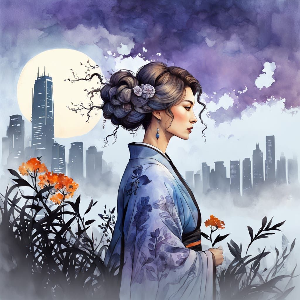 Woman With Cityscape Hair in Watercolor Style