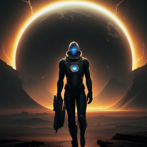 Vibrant Sepia-Toned Astronaut Approaches Distant Flaming Por...