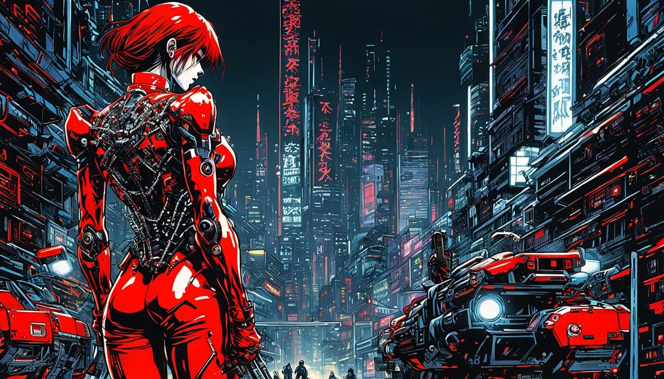 Cyber Samurai Woman Emerges from Neo Tokyo Night